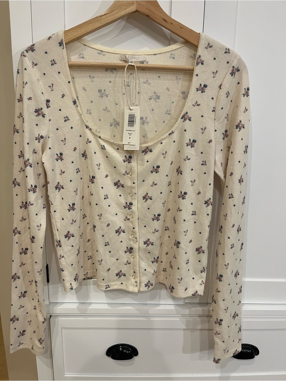 Z Supply Cream Floral Scoop-Neck Long Sleeve Henley